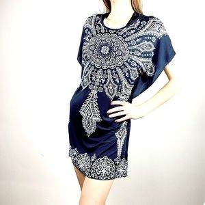 Midnight Blue Mandala Boho Print Kaftan Sleeves Dress